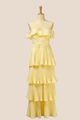 Off the Shoulder Yellow Pleated Maxi Dress