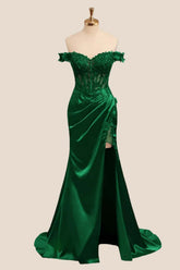 Lace Off the Shoulder Green Satin Mermaid Dress