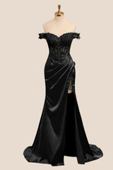 Lace Off the Shoulder Black Satin Mermaid Dress