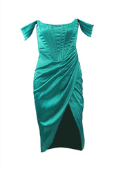 Off the Shoulder Green Party Dress with Slit