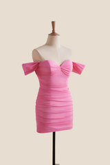 Off the Shoulder Pink Ruched Short Dress
