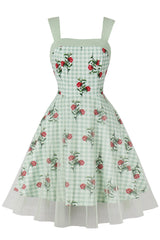 Green Plaid Swing Dress with Floral Prints