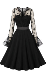 Mesh Long Sleeves Black Swing Dress