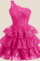 One Shoulder Hot Pink Sequin Tiered Short Dress