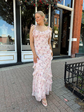 Reba Pink Floral Asymmetrical Ruffle Tiered Maxi Dress