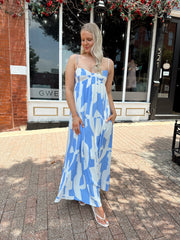 Vera Blue Geometric Linen Maxi Dress