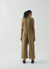 Sleeveless Cotton Twill Jumpsuit | Olive Leaf