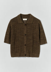 Open Stitch Knitted Linen Cotton Polo | Bronze Green