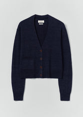 Wool Linen Patch Pocket Cardigan | Dark Navy