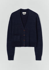 Wool Linen Patch Pocket Cardigan | Dark Navy