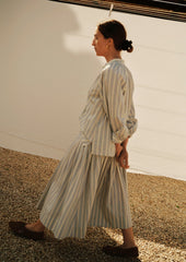 Pleated Stripe Cotton Skirt | Ecru/Blue