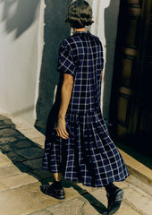 Market Check Pleated Cotton Linen Skirt | Denim Blue