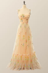 Champagne A-line Embroidered Long Formal Gown