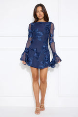 Bright Breezy Long Sleeve Mesh Mini Dress Navy