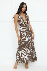 Caribbean Love Satin Halter Maxi Dress Brown