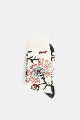 Sacai chaussettes femme coton blanc cassé motif floral passiflore rouge et bleu ciel replié en deux