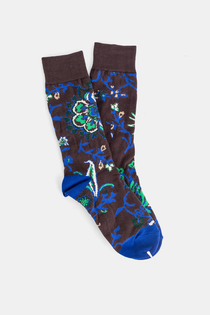 Sacai chaussettes coton imprimé floral fond brun motif bleu cobalt et vert émeraude bout contrasté femme