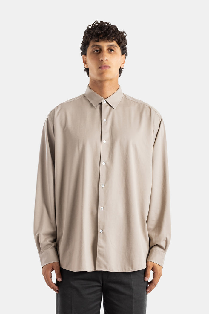 Kanemasa Phil. chemise oversize jersey coton beige col classique boutons nacre coupe ample SS26 homme