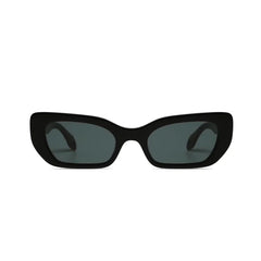Cookie Sunglasses by Elisa Johnson: black, rectangular cat-eye shades with thick acetate frames and UV400 dark lenses, shown on a white background.