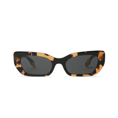 Cookie Sunglasses by Elisa Johnson are rectangular tortoiseshell acetate frames with dark UV400 lenses, displayed front-facing on a plain white background.