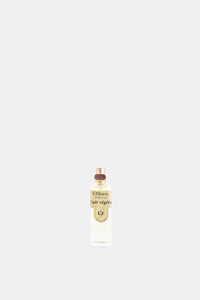 Olibanum Cuir Végétal eau de parfum 50ml flacon verre transparent spray or rose étiquette ivoire