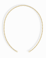 The Darcy Paperclip Enhancer Chain by Mod + Jo features elongated, rectangular links with 14k gold plating, finished with two small loops, and is styled in an open circle on a white background.