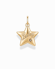 The Elara Lucky Star Charm by Mod + Jo is a gold star-shaped pendant with "Lucky" engraved on it and a delicate gemstone accent below the inscription. Crafted from 14k gold, this eye-catching charm features a top loop for easy attachment to your favorite chain, making it a charming everyday accessory.