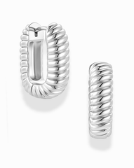 Introducing the Elly French Rope Hoops by Mod + Jo: two silver, rectangular hoop earrings featuring a twisted, ribbed design inspired by classic French rope styles. The product image displays one earring facing forward and the other in profile, showcasing their textured surface and secure clasp mechanism.