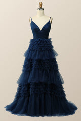 Champagne Tiered Ruffle Long Ball Gown with Straps
