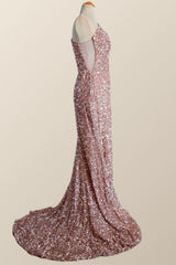One Shoulder Rose Gold Sequin Mermaid Long Party Dress