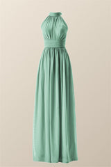 High Neck Mint Green Chiffon A-line Bridesmaid Dress