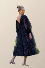 Long Sleeves Black Starry Tulle Midi Dress
