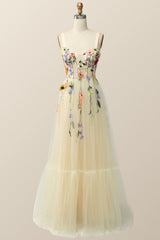 Champagne Tulle and Floral Embroidery Formal Gown