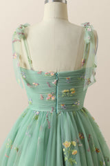 Green A-line Floral Embroidered Short Party Dress