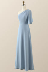 One Shoulder Blue Chiffon Long Bridesmaid Dress