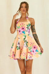 Golden Petal Woven Halter Mini Dress - Yellow Multi