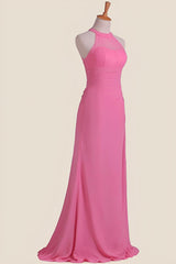 Hot Pink Halter Chiffon Draped Long Dress