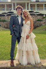 Champagne Tiered Ruffle Long Ball Gown with Straps