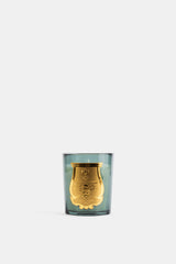 Trudon bougie classique La Figuerie 270g en verre bleu pétrole avec médaillon doré emblématique