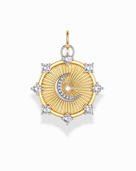 Discover celestial jewelry at its finest with the Lyra Moon Charm by Mod + Jo. This gold pendant features a radiant sunburst design, elegantly highlighted by a graceful moon charm and shimmering diamond accents. Eight sparkling diamonds adorn the edges, while a small loop at the top makes it easy to attach to your favorite chain.