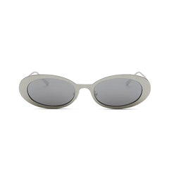 Front view of Lyric Leigh Sunglasses by Elisa Johnson, featuring silver oval frames and dark gray UV400 lenses, displayed on a plain white background.