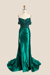 Off the Shoulder Floral Appliques Ruched Mermaid Formal Dress