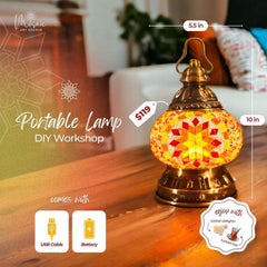 Portable Turkish mosaic lamp with USB and battery, 5.5x10 inch, priced at $119 on wooden table