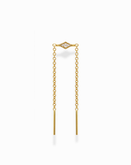 The Nicole Kite Threader Earring by Mod + Jo features a gold-plated threader design with a marquise-shaped cubic zirconia at the top center and two delicate chains ending in straight gold bars, displayed on a white background.