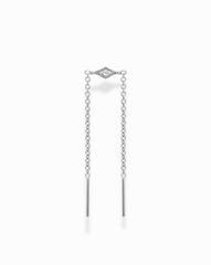 The Nicole Kite Threader Earring by Mod + Jo features a central marquise-shaped setting embellished with sparkling cubic zirconia stones, all crafted in a sleek rhodium-plated finish. Two delicate chains extend from the centerpiece, each ending in a thin bar. The earring is presented against a plain white background.