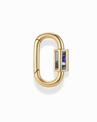The Nora Lock Carabiner by Mod + Jo features a gold oval-shaped clasp with a rectangular slider, adorned with an iridescent abalone shell inlay and accented by natural semi-precious stones, displayed against a plain white background.