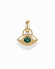 The Mod + Jo Nyx Evil Eye Charm is a gold, eye-shaped pendant featuring a green gemstone at its center, designed with a smooth finish and an attachment loop, shown against a white background.