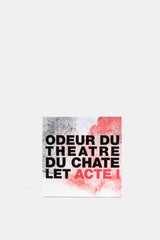 Comme des Garçons Parfums packaging Odeur du Châtelet Acte I fond aquarelle rouge et gris texte bold