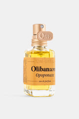 Olibanum Opoponax parfum femme flacon verre transparent bouchon doré rose gravé Om 12 ml