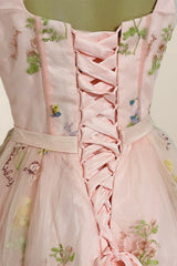 Cap Sleeves Pink Floral Short Prom Dress